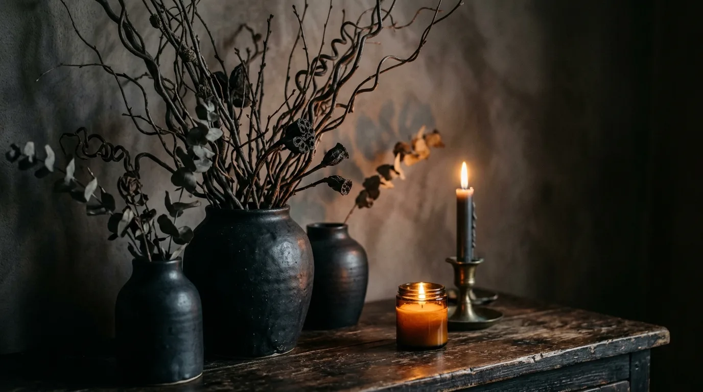 Mix charcoal, brown, and muted green thoughtfully inspiration for a moody living room.